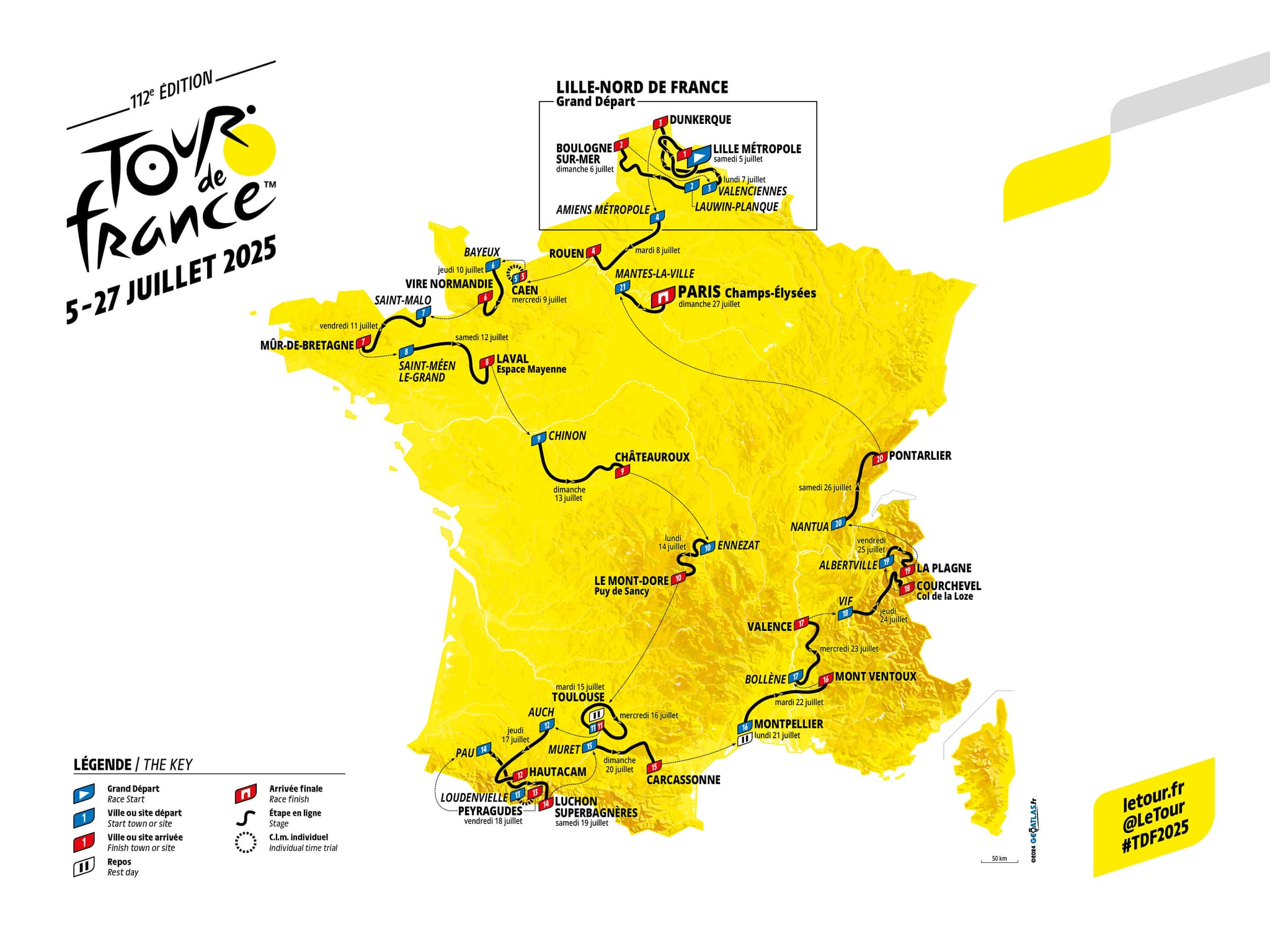 The 2025 Tour de France Route Map shows 21 stages all within France