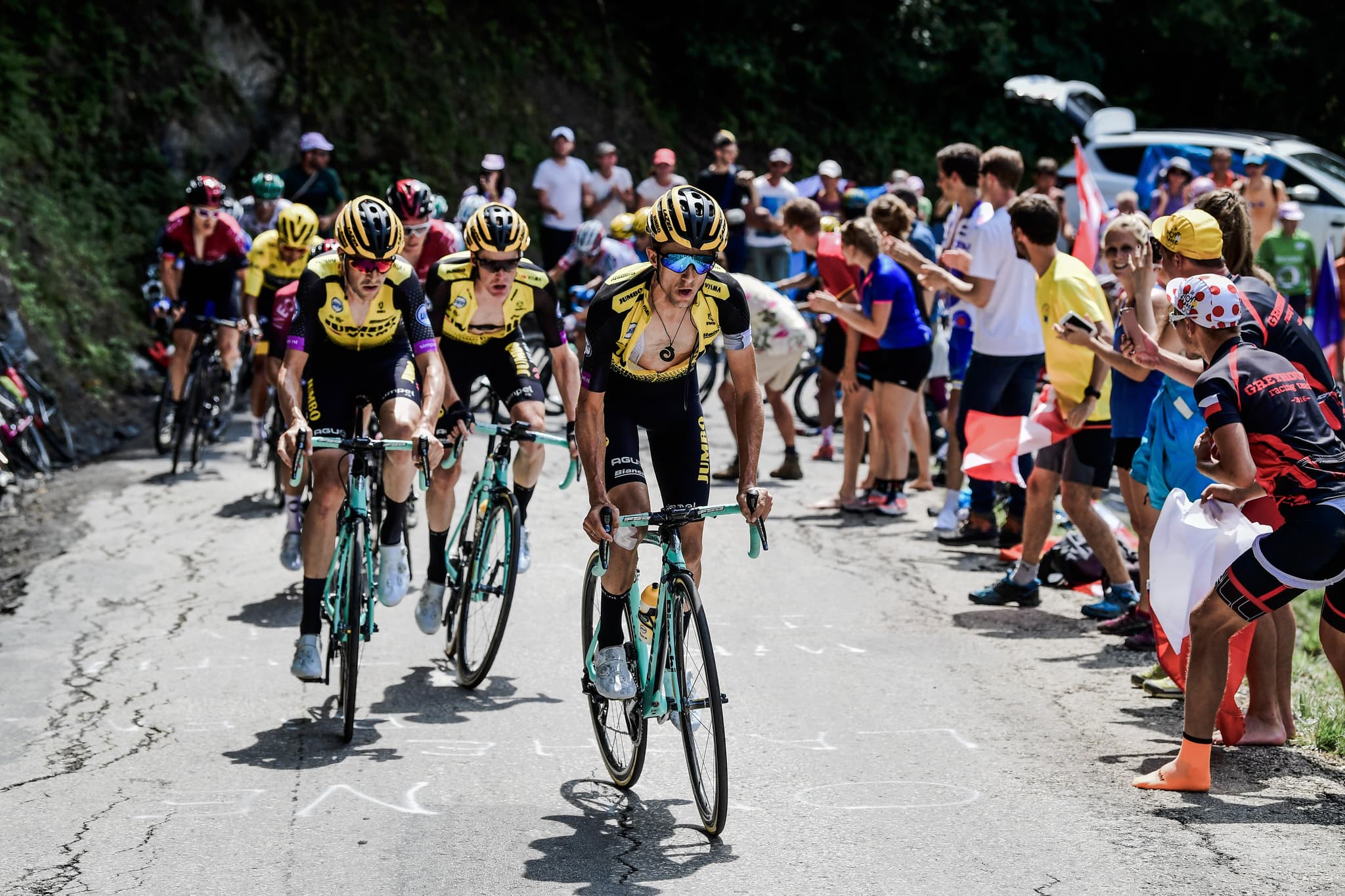 Visma-Lease a Bike riders climbing in the 2019 Tour de France