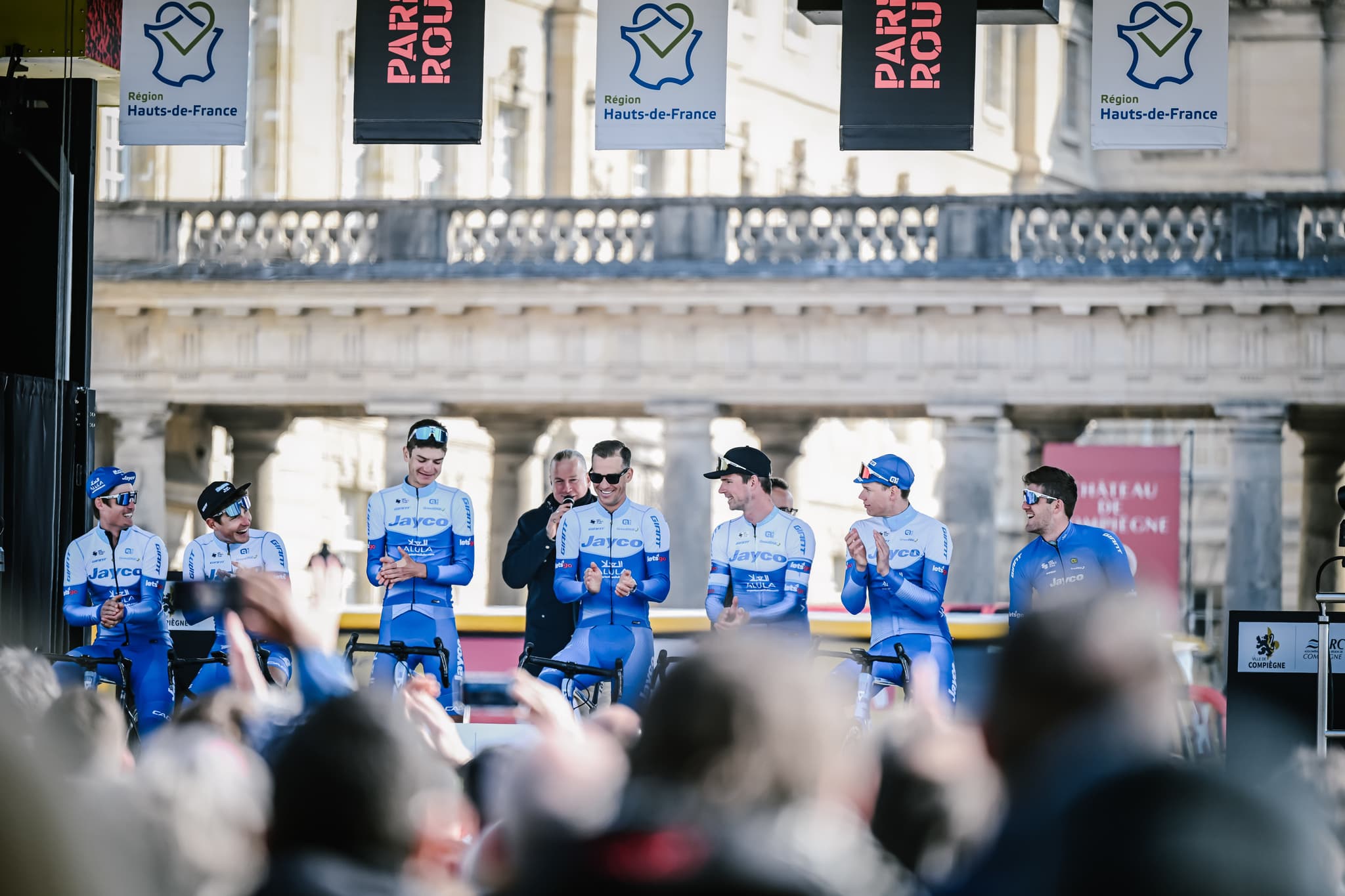 Team Jayco AlUla riders on stage at Paris-Roubaix 2023