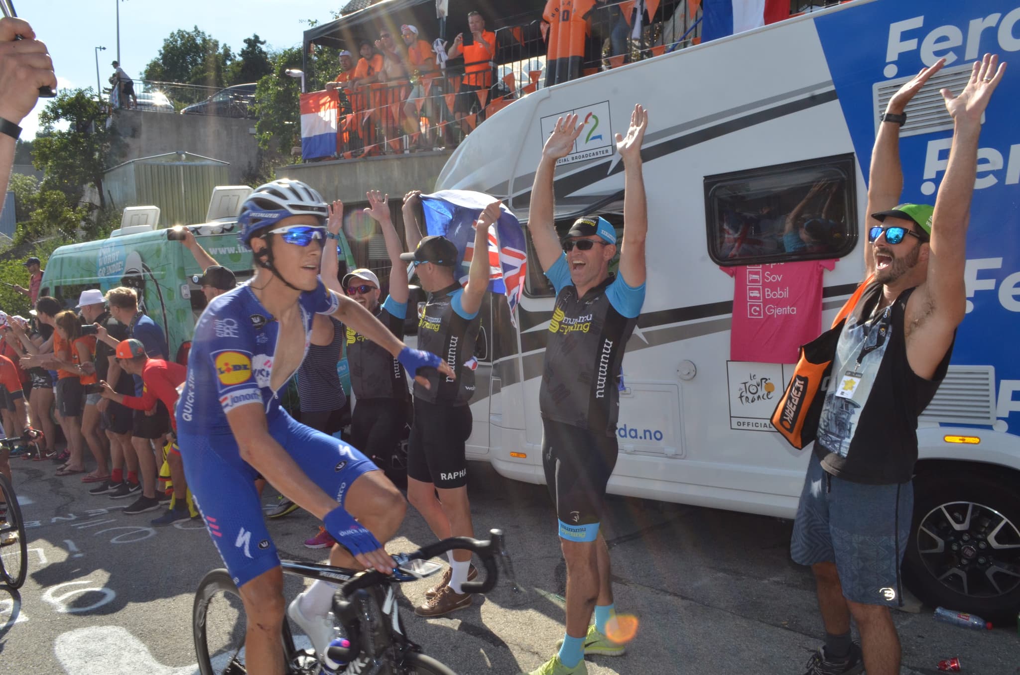 Cyclist in Soudal Quick-Step kit with Mummu Cycling fans at Tour de France