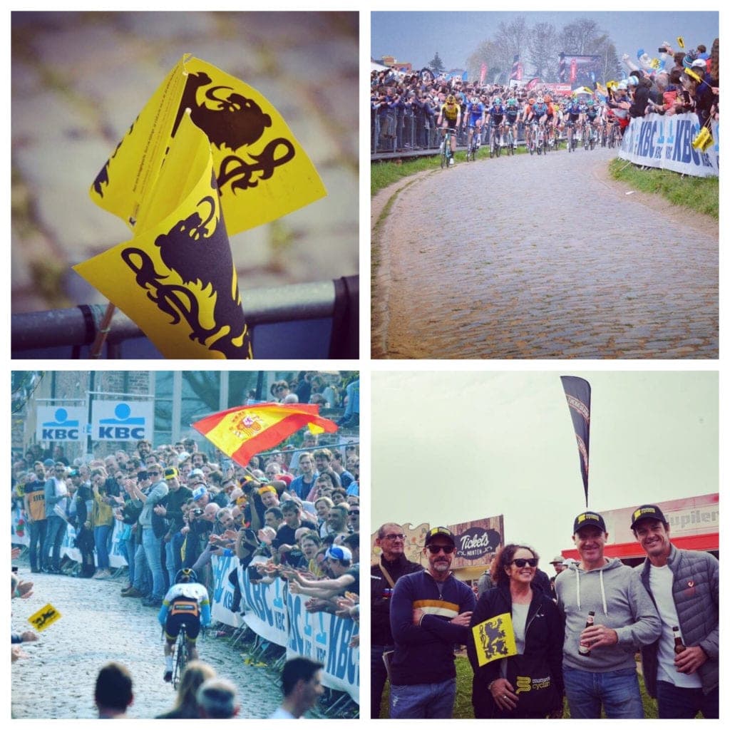 Collage of cycling race scenes, possibly in Belgium, with fans and riders on cobbles.