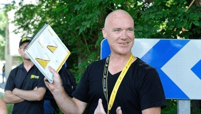Man holding notebook with climb profiles