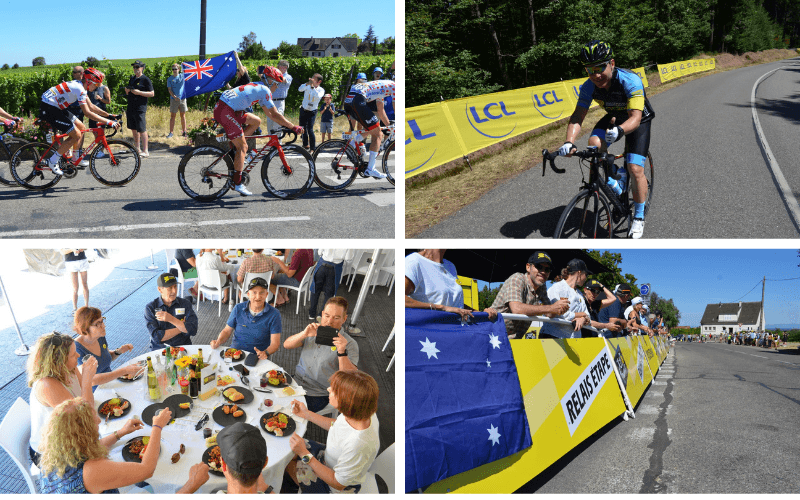 Cyclists on road with Australian flag, roadside dining