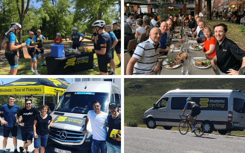 Mummu Cycling staff, guests, and support vehicles.
