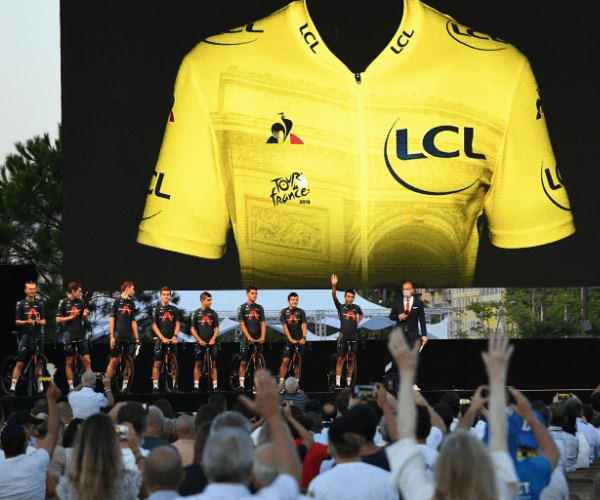 INEOS Grenadiers team presentation with Tour de France yellow jersey display.