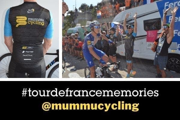 Cyclist in Lidl-Trek kit surrounded by fans, Mummu Cycling kit visible