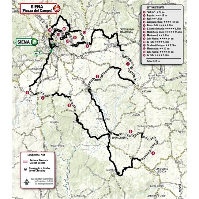 Strade Bianche route map showing gravel sectors around Siena, Italy