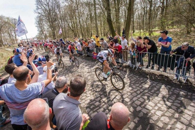 Peloton on cobbles, possibly Paris-Roubaix. Bora-Hansgrohe rider in foreground.