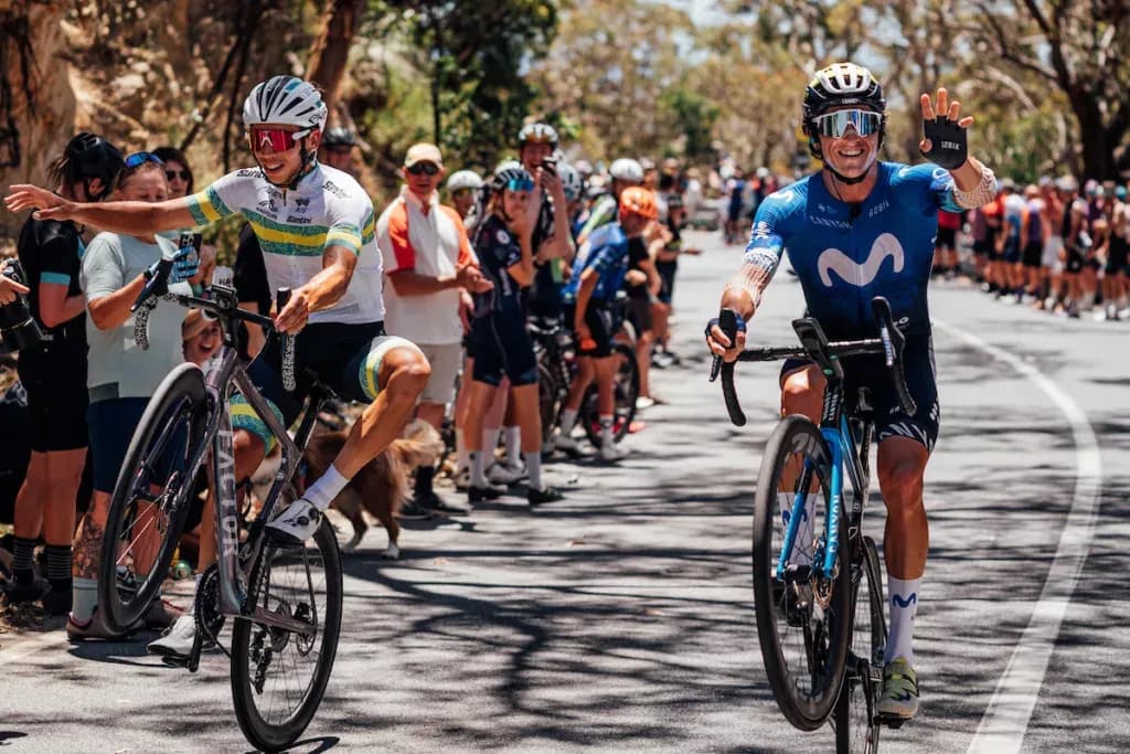 Cyclists on one wheel at Tour Down Under, Movistar & Australian national champion