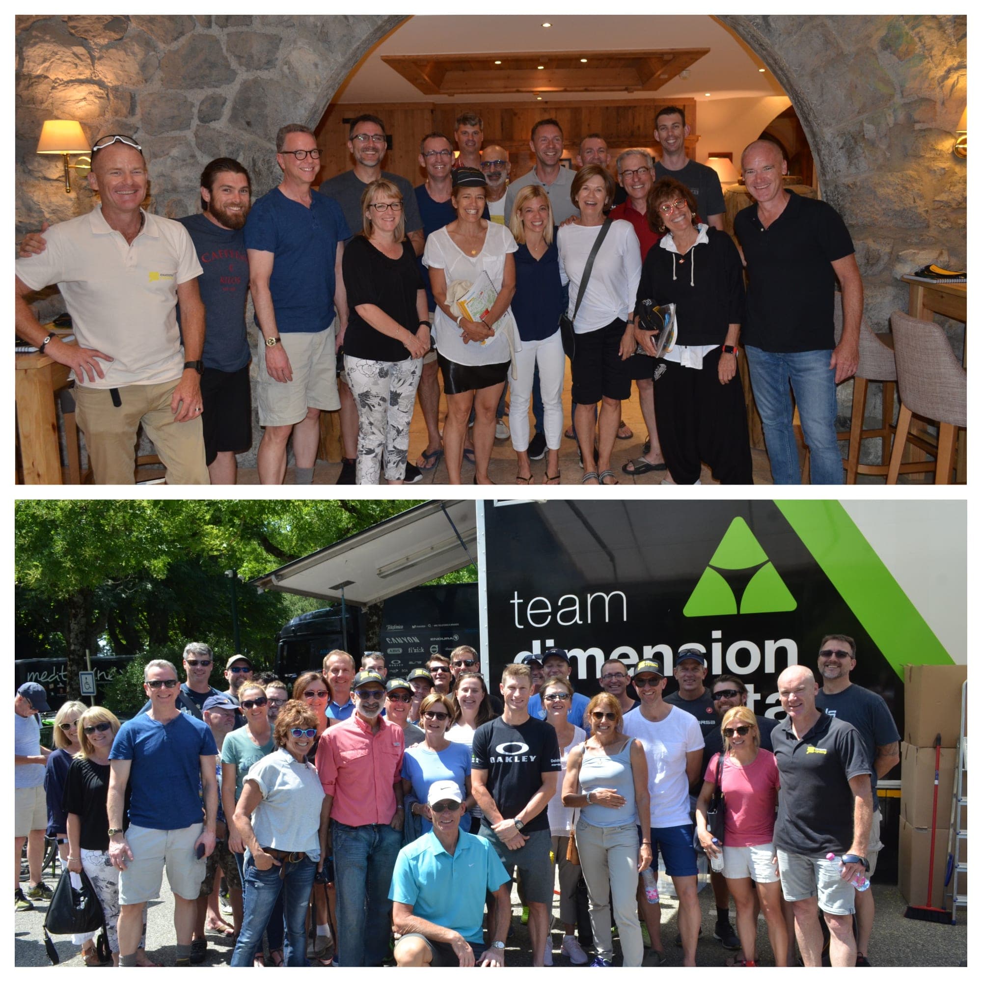 Group photos of people, one indoors and one outdoors with a Team Dimension Data vehicle.