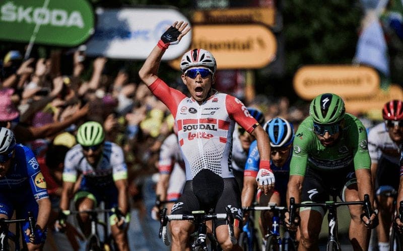 Remco Evenepoel celebrates a stage win for Soudal Quick-Step